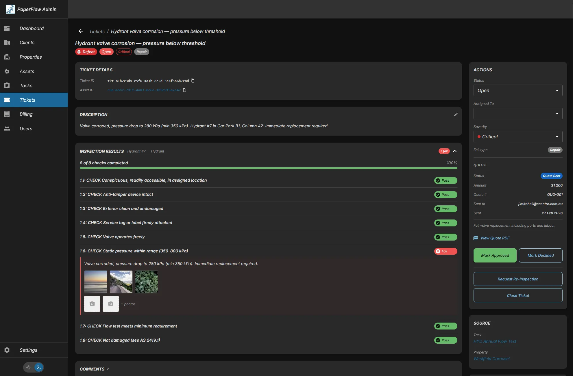PaperFlow defect tracking - dark mode